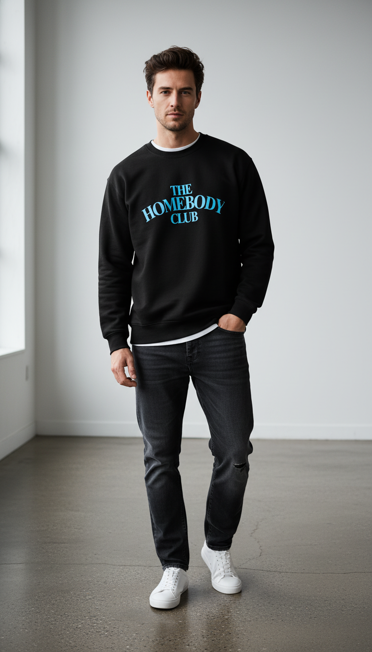 Man wearing a black sweatshirt with 'The Homebody Club' text in a minimalistic room.