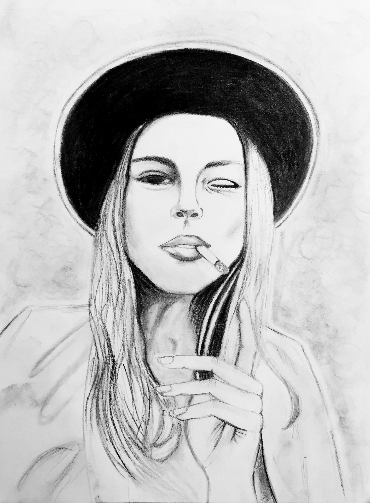 black and white charcoal drawing of woman smoking 