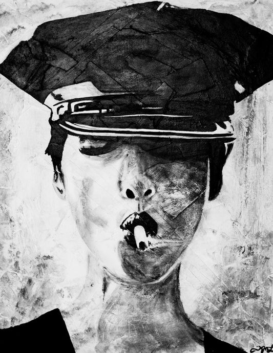 black and white police woman smoking painting by kim legler inspired by christie turlington and steven meisel portrait