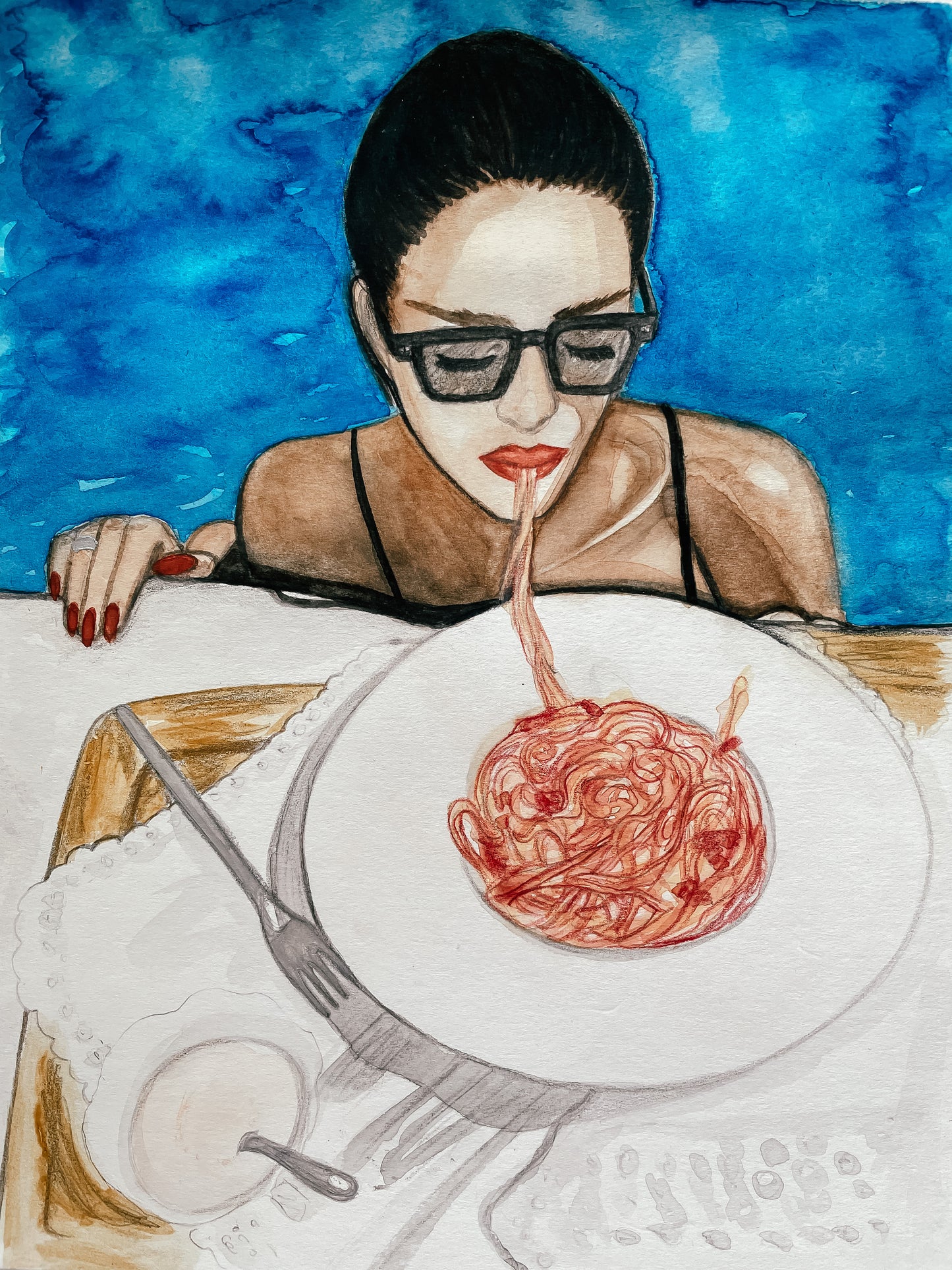 Poolside Pasta Girl Original Painting